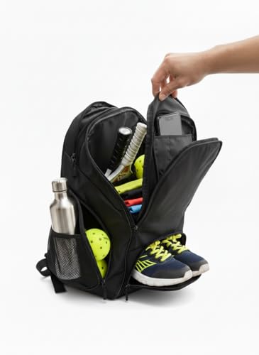 Personalized Pickleball Backpack - Large Pickle Ball Bag with Shoe Compartment, Fence Hook, Paddle Holder - Gifts for Men & Women - color: All Black