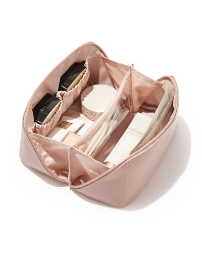 EACHY Travel Makeup Bag, Large Capacity Cosmetic Bag for Women, Waterproof PU Leather, Flat Open Portable Toiletry Bag for Skincare, Brushes & Travel Essentials - color: AC-Pink, size: Medium