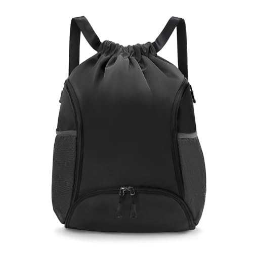 Valleycomfy Sports Gym Bag Drawstring Backpack with Shoes Basketball Bag and Two Water Bottle Holder,Black - color: Black