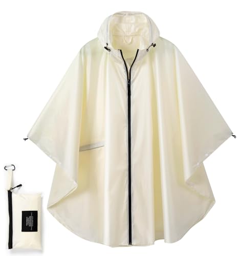 Fashion Hooded Rain Poncho Waterproof Raincoat Jacket with pocket for Women/Men/Adult - color: Beige