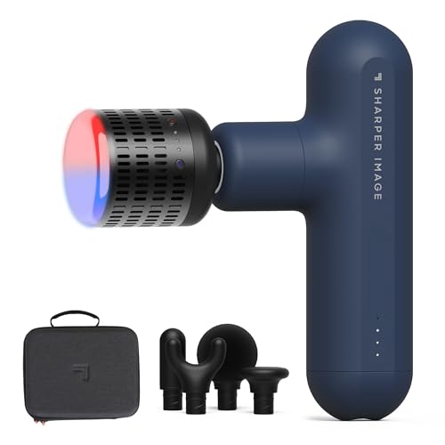 Sharper Image Deep Tissue Percussion Massage Gun, Powerboost Move Evo Hot & Cold Rechargeable Handheld Massager, 4 Adjustable Speeds, 5 Attachment Heads & Carrying Case, for Muscle Pain Relief, Blue - color: Navy - Hot + Cold