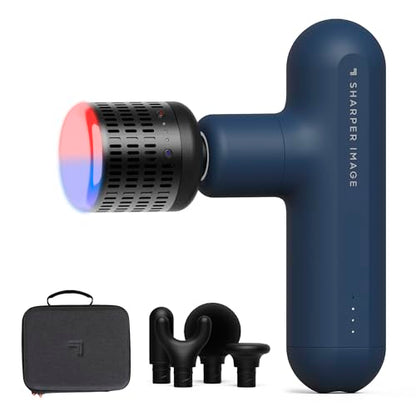 Sharper Image Deep Tissue Percussion Massage Gun, Powerboost Move Evo Hot & Cold Rechargeable Handheld Massager, 4 Adjustable Speeds, 5 Attachment Heads & Carrying Case, for Muscle Pain Relief, Blue - color: Navy - Hot + Cold