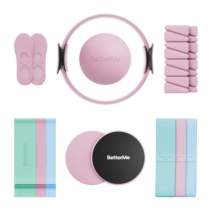 BetterMe Pilates Studio Kit – Pilates Ring, Pilates Ball, Resistance Bands & Sliders – Complete Pilates Equipment Set for Women – Home & Studio Pilates Workout Kit - color: Raspberry Pink