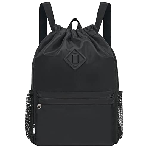 WANDF Drawstring Backpack Sports Gym Bag with Shoes Compartment, Water-Resistant String Backpack Cinch for Women Men (Large,Black) - color: A-large Black, size: Large