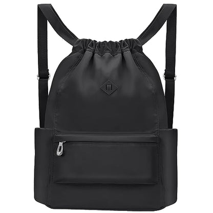 BAVELOE Drawstring Backpack with Wet Pocket Gym Backpack Water-Resistant Cinch String Bag Beach Swim for Women Men - color: Pure Black