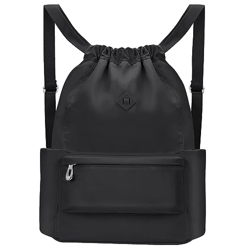 BAVELOE Drawstring Backpack with Wet Pocket Gym Backpack Water-Resistant Cinch String Bag Beach Swim for Women Men - color: Pure Black