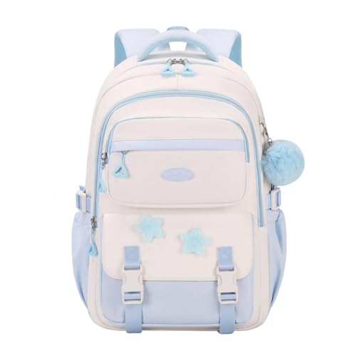 Light Blue Backpack for Girls, Teen Girls Backpack for Kids School Bag with Star Pins and Fluffy Pendant, A08-Blue - color: A08-blue