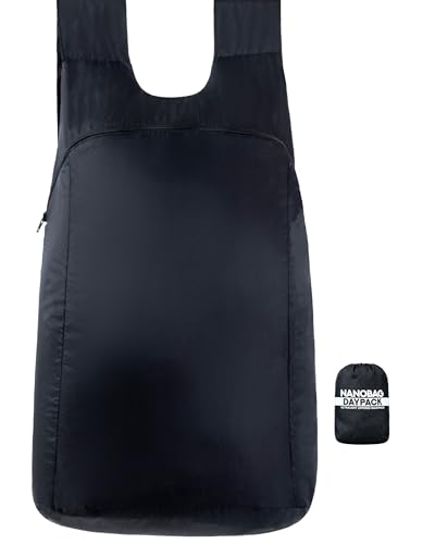 Nanobag Daypack - Ultralight 16L Foldable Travel & Hiking Backpack, Reusable, Packable, Collapsible Bag for Men & Women (Black) - color: Black