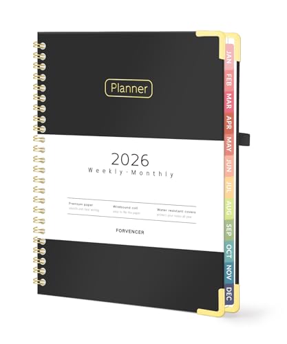 Forvencer 2026 Planner, Hardcover Calendar Planner Weekly and Monthly, Jan 2026 - Dec 2026, 6" x 8", Spiral Agenda Book with Tabs, Exquisite Daily Journal Organizer for Home School, Black - color: Black, size: 6.3" x 8.4" (Jan 2026-Dec 2026)