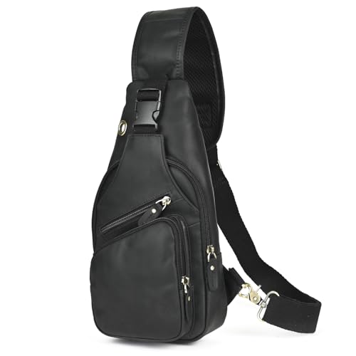 Le'aokuu Men Fashion Casual Tea Designer Travel Hiking Crossbody Chest Sling Bag Rig One Shoulder Strap Bag Men Leather 8015 | Fashion - color: X Dark Black