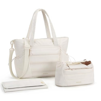 mommore Diaper Bag Tote with Stroller Organizer Puffer Bag Large Capacity Baby Bag with Changing Pad for Travel, Hospital - color: Beige