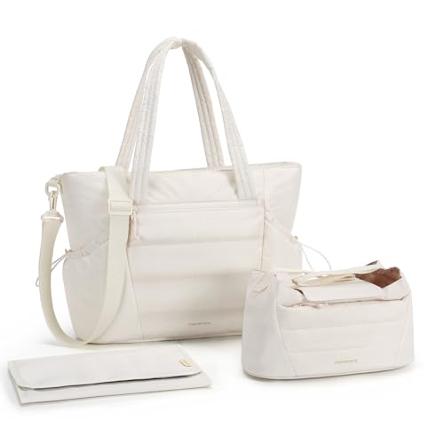 mommore Diaper Bag Tote with Stroller Organizer Puffer Bag Large Capacity Baby Bag with Changing Pad for Travel, Hospital - color: Beige