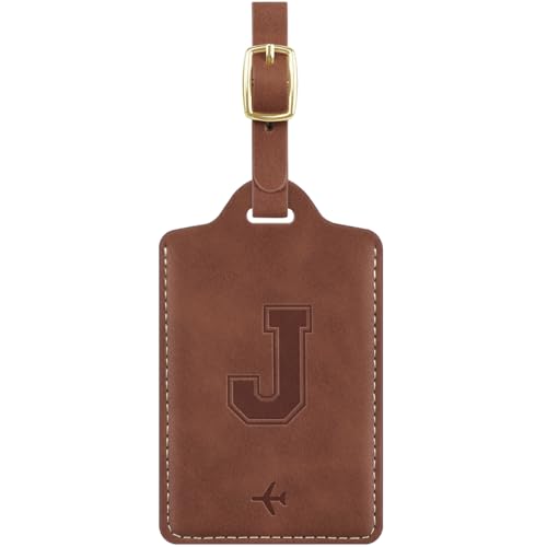 Luggage Tags for Suitcase Embossed Personalized Initial Letter J Travel Tags with 3 Replaceable Name Cards Leather Privacy Bag Tags Travel Essentials Backpack Tags for Women and Men, Brown J - color: Brown, size: J
