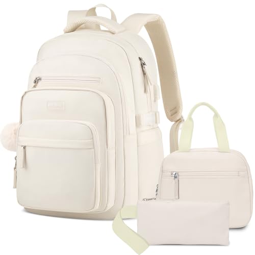 KROSIAS Student Laptop Backpack for College Teen Girls: Middle High School Aesthetic Bookbag Large 15.6 Inch Laptop Bag Travel Back Pack for Women Beige 3PCS Set - color: 7-beige 3 Pcs, size: 15.6 Inch