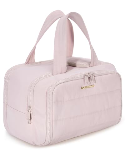 BAGSMART Travel Toiletry Bag, Crush Toiletry Bag for Women, Wide-open Puffy Toiletry Bags for Traveling, Large Travel Cosmetic Makeup Bag Organizer for Accessories,Toiletrie, Pink - color: d-Pink