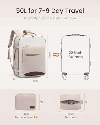 LOVEVOOK 50L Travel Backpack for Women & Men, Airline Approved Carry On Luggage with 3 Packing Cubes, TSA Overnight Bags, Waterproof Personal Item Bag, Weekender Essentials Backpacks fits 17" Laptop - color: Light Khaki-beige-coffee, size: X-Large
