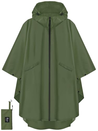 PTEROMY Hooded Rain Poncho for Adult with Pocket and Zipper, Waterproof Lightweight Raincoat for Men and Women - color: Green