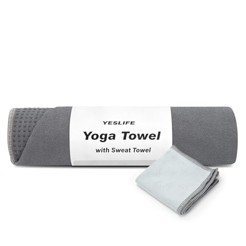 YESLIFE Non-Slip Extra Thick Hot Yoga Towel with One Sweat Towel, Microfiber Sweat Absorbent Yoga Mat Towel with Grip Dot, Pilates Mat, 72" x 24", Grey - color: Grey