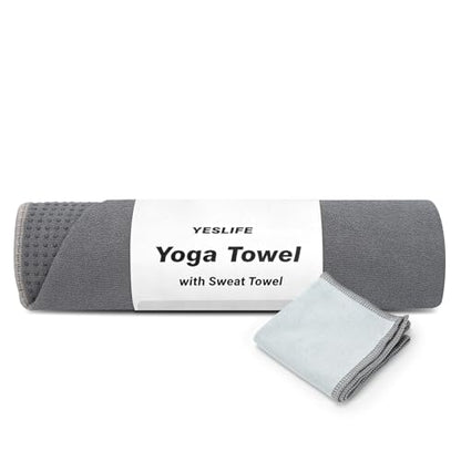 YESLIFE Non-Slip Extra Thick Hot Yoga Towel with One Sweat Towel, Microfiber Sweat Absorbent Yoga Mat Towel with Grip Dot, Pilates Mat, 72" x 24", Grey - color: Grey