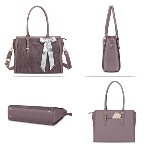 MOSISO Laptop Bag for Women, 17-17.3 inch PU Leather Tote Bag Compatible with MacBook, HP, Dell, Asus Notebook, Front Embossed Retro Hibiscus Computer Bags with Silk Scarf&Clutch Purse, Slate Purple - color: Slate Purple, size: 17.3 inch