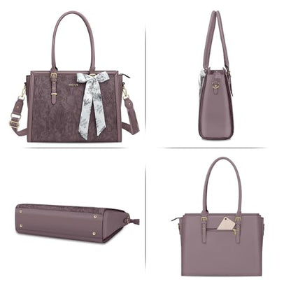 MOSISO Laptop Bag for Women, 17-17.3 inch PU Leather Tote Bag Compatible with MacBook, HP, Dell, Asus Notebook, Front Embossed Retro Hibiscus Computer Bags with Silk Scarf&Clutch Purse, Slate Purple - color: Slate Purple, size: 17.3 inch