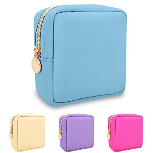Nylon Mini Makeup Bag for Purse, Preppy Small Cute Makeup Bag Cosmetic Zipper Pouch Purse, Waterproof Travel Coin Pouch Sanitary Napkin Storage Bag Clutch Make Up Organizer Bag for Women Girls(Blue) - color: Blue, size: Mini