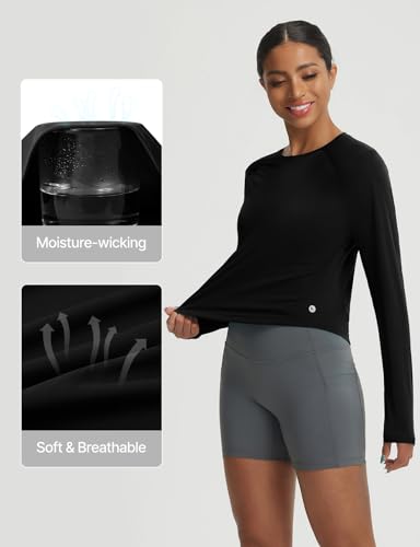 baleaf Women's UPF 50+ Long Sleeve Sun Shirts Crop Rash Guard UV Workout Tops SPF Slim Fit Lightweight Athletic Hiking - color: Black, size: Small