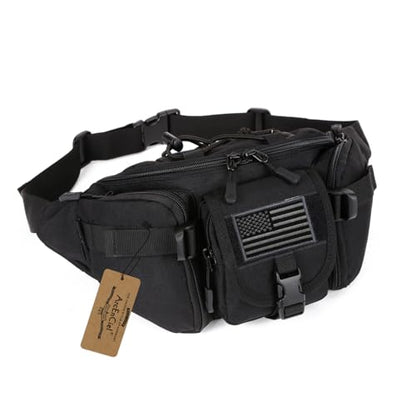 ArcEnCiel Tactical Fanny Pack for Men Women Waist Bag Hip Belt Outdoor Hiking Fishing Bumbag with Patch (Black) - color: Black