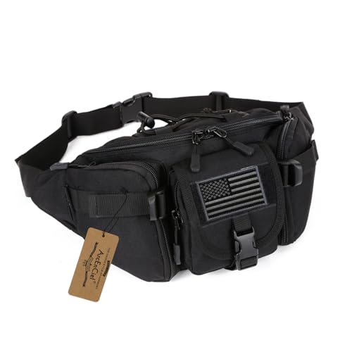 ArcEnCiel Tactical Fanny Pack for Men Women Waist Bag Hip Belt Outdoor Hiking Fishing Bumbag with Patch (Black) - color: Black