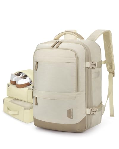 BAGSMART Compression Travel Backpack, 37L Expandable Carry On Backpack with Packing Cubes, Water Resistant Weekender Backpack with Shoe Bag, Warm Beige - color: Warm Beige