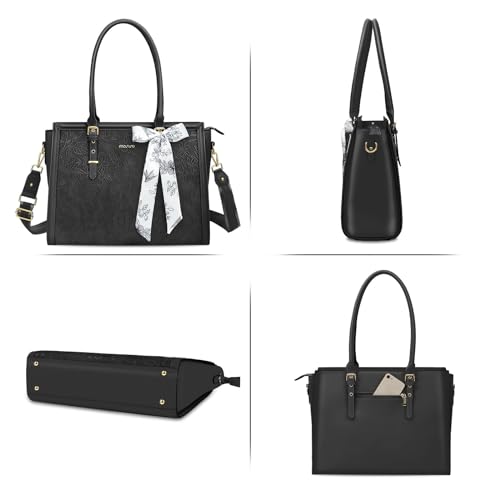 MOSISO Laptop Bag for Women, 17-17.3 inch PU Leather Tote Bag Compatible with MacBook, HP, Dell, Asus Notebook, Front Embossed Retro Hibiscus Computer Bags with Silk Scarf&Clutch Purse, Black - color: Black, size: 17.3 inch