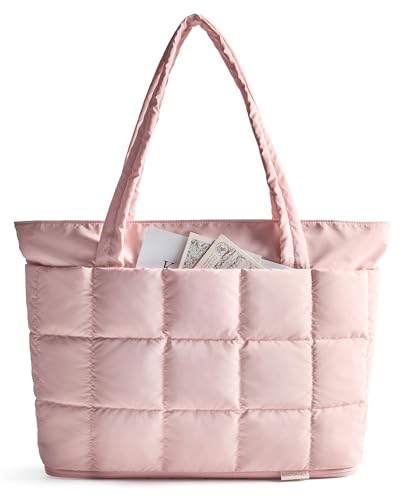 BAGSMART Expandable Tote Bag for Women, Puffer Work Tote Handbag, Quilted Carry On Bag for Travel Gym - color: Light Pink, size: Large