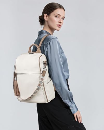 FADEON Leather Backpack Purse for Women Designer Travel Backpack Purses PU Fashion Ladies Shoulder Bag with Tassel - color: White Contrast Camel Retro Style