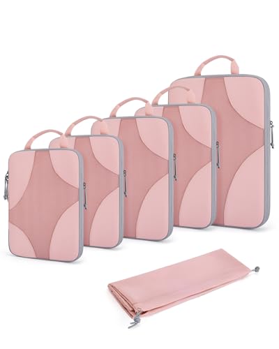 BAGSMART Compression Packing Cubes for Travel, 6 Set/14 Set Compressible Luggage Organizer for Cruise Ship, Lightweight Travel Essentials (1L+2M+2S+Shoe bag+Drawstring bag+Toiletry bag+6Plastic bags) - color: Baby Pink, size: 6 Set