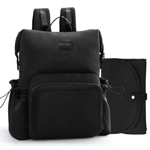 miss fong Diaper Bag Backpack - Baby Diaper Bag Neoprene Bag Large Capacity Neoprene Backpack with Diaper Changing Pad Pañaleras Para Bebe Baby Backpack with 12 Pockets for Mom & Dad -Black - color: Black