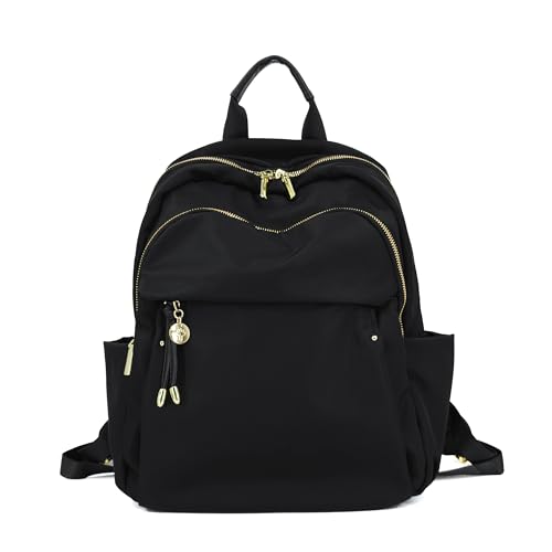 M-ioi-M Medium Backpack Purse for Women, Fashion Nylon Daypack with Gold Hardware, Lightweight Water-Resistant Rucksack for College, Work, Travel, Everyday Use, Fits 13–14" Laptop (Black, Medium) - color: Black,medium