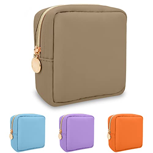 Nylon Mini Makeup Bag for Purse, Preppy Small Cute Makeup Bag Cosmetic Zipper Pouch Purse, Waterproof Travel Coin Pouch Sanitary Napkin Storage Bag Clutch Makeup Organizer Pouch for Women Girls(Khaki) - color: Khaki, size: Mini