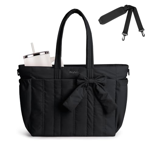 MOSISO Tote Bag for Women, Laptop Bags Handbag Work Tote Bag with Cup Holder & Bownot & 15-16 inch Laptop Compartment for Travel Work School, Lightweight Puffer Tote Bags with Trolley Sleeve, Black - color: Black