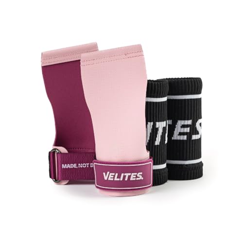 Velites - Official Crossfit® Games Quad Ultra Grips - No Chalk and Smooth Bars - Wristbands and Carry Bag Included - Pull-ups, Muscle-ups and Toes to bar - color: Pink, size: Medium