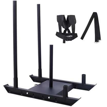 Weight Sled for Fitness Training Push Pull Drag Speed Strength Conditioning Workout Sled with Removable Push Poles Harness and Dual Anchor Points for 2 Inch Weight Plates Black