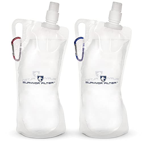 Survivor Filter Clear Collapsible Water Bottles - Travel, Hiking, Foldable, BPA-Free - 2 x - color: Clear, size: 1 l / 33 oz
