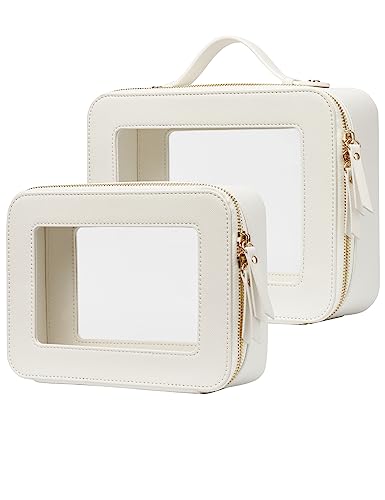 Popvibe Clear Makeup Case Set White Toiletry Bag Travel Large Clear Cosmetic Bag with Zipper, Big Make Up Bag Organizer Women Traveling TSA Approved Transparent Bag Car for Essentials - color: White, style: Dual Elegance