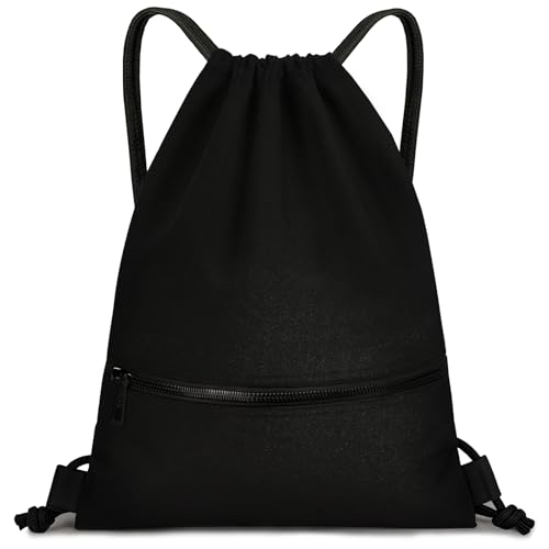 Water-Resistant String Bag for Women Men with Shoes Compartment and Zippered Pocket for Soccer, Basketball, Swim (Black, 16.5 * 19 inches) - color: Black