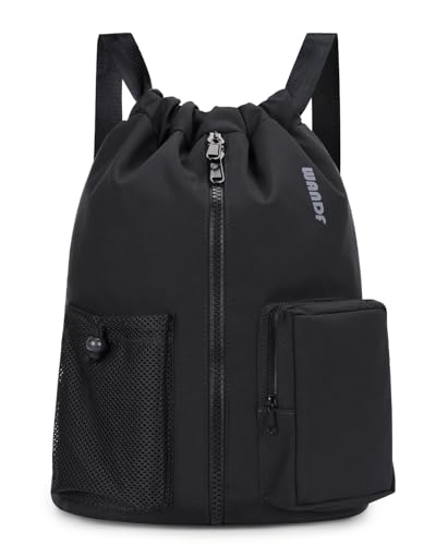 WANDF Drawstring Backpack Sports Gym Bag with Shoes Compartment, Water-Resistant String Beach Sackpack Swim Bag for Women and Men (Black) - color: Black