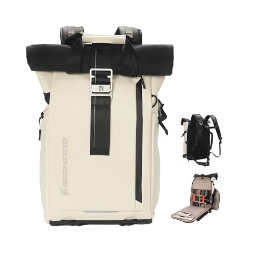 Besnfoto Camera Backpack, Waterproof Travel Camera Bag for Photographer Expandable Roll Top Photography Case for DSLR SLR Mirrorless Camera Fit up to 15.6 inch Laptop with Rain Cover - color: Ivory White Ii