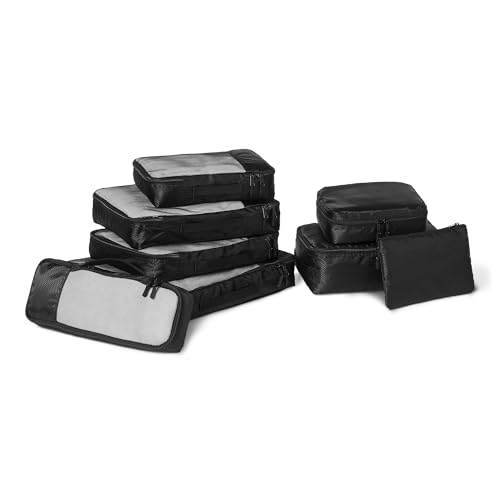 Amazon Essentials 8-Piece Packing Cubes Travel Accessories Set, Luggage Organiser with Double Zip, rPET Construction, Space-Saving Design, Black - color: Black, size: 8 Multiple Dimensions