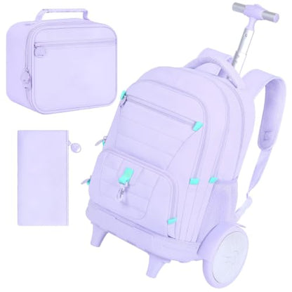 CCJPX 3Pcs Women & Girls Rolling Backpack with Bigger Wheels, Extra-Large Wheeled Bookbag with Lunch Box, Water Resistant Extra-Large Roller Luggage for Travel, Work, College (Purple) - color: Purple(upgrade Large Wheel)