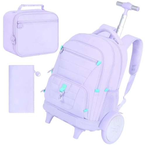 CCJPX 3Pcs Women & Girls Rolling Backpack with Bigger Wheels, Extra-Large Wheeled Bookbag with Lunch Box, Water Resistant Extra-Large Roller Luggage for Travel, Work, College (Purple) - color: Purple(upgrade Large Wheel)