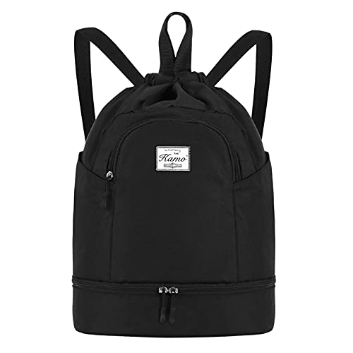 KAMO Drawstring Backpack Bag - Sport Swimming Yoga Backpack with Shoe Compartment, Two Water Bottle Holder for Men Women Large String Backpack Athletic Sackpack for Travel - color: Black