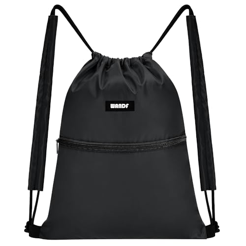 WANDF Drawstring Backpack Sports Gym Bag with Shoulder Pads Water Resistant String Bag Cinch Bag for Women Men (Black) - color: S, Black, size: Small